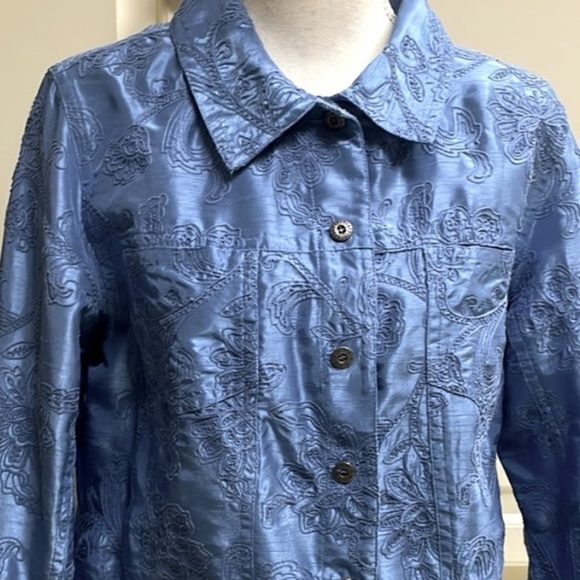 Susan Graver Blue Dupioni Texture Satin Floral Embroidery Jacket Coastal Grandma - Picture 5 of 12